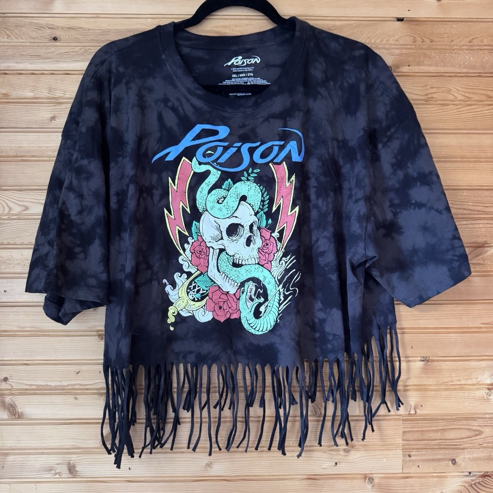 Poison Band Tee Black Graphic Crop Fringe XL Hair Band Rock Skull Snake